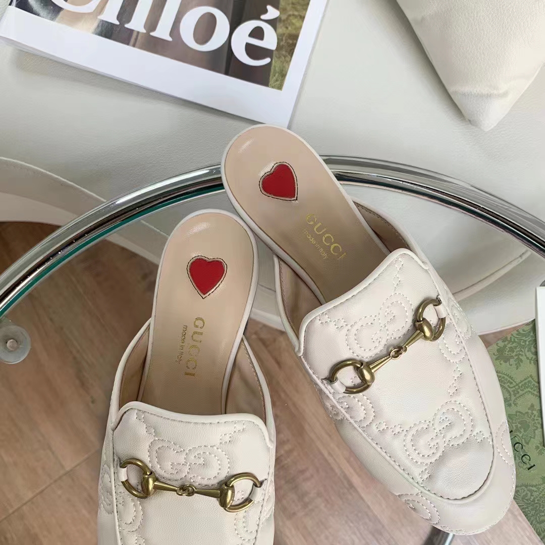Gucci Women Maxi GG Matelassé Princetown Slipper White Horsebit Leather Sole Flat