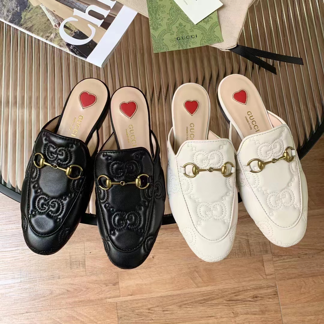 Gucci Women Maxi GG Matelassé Princetown Slipper White Horsebit Leather Sole Flat