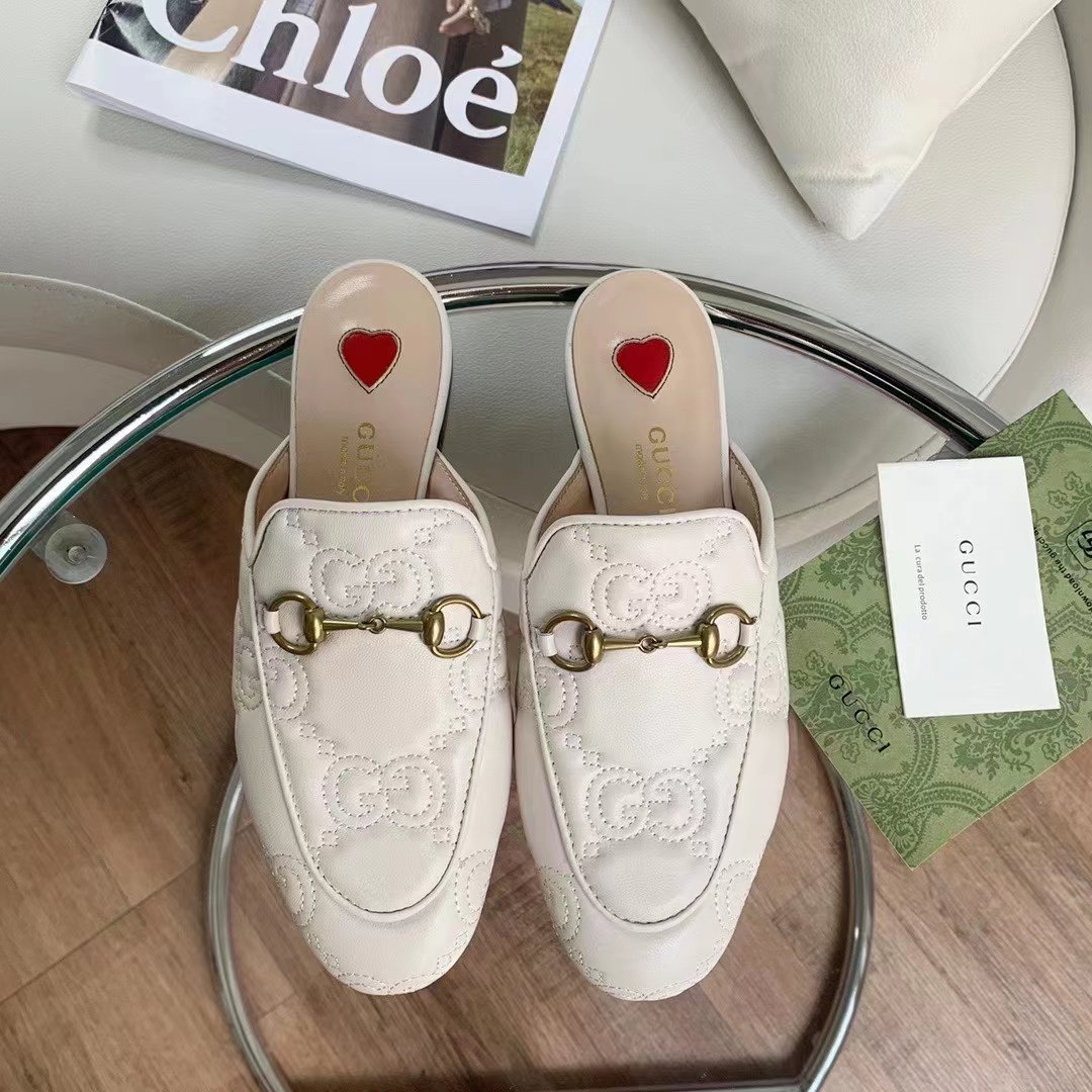 Gucci Women Maxi GG Matelassé Princetown Slipper White Horsebit Leather Sole Flat