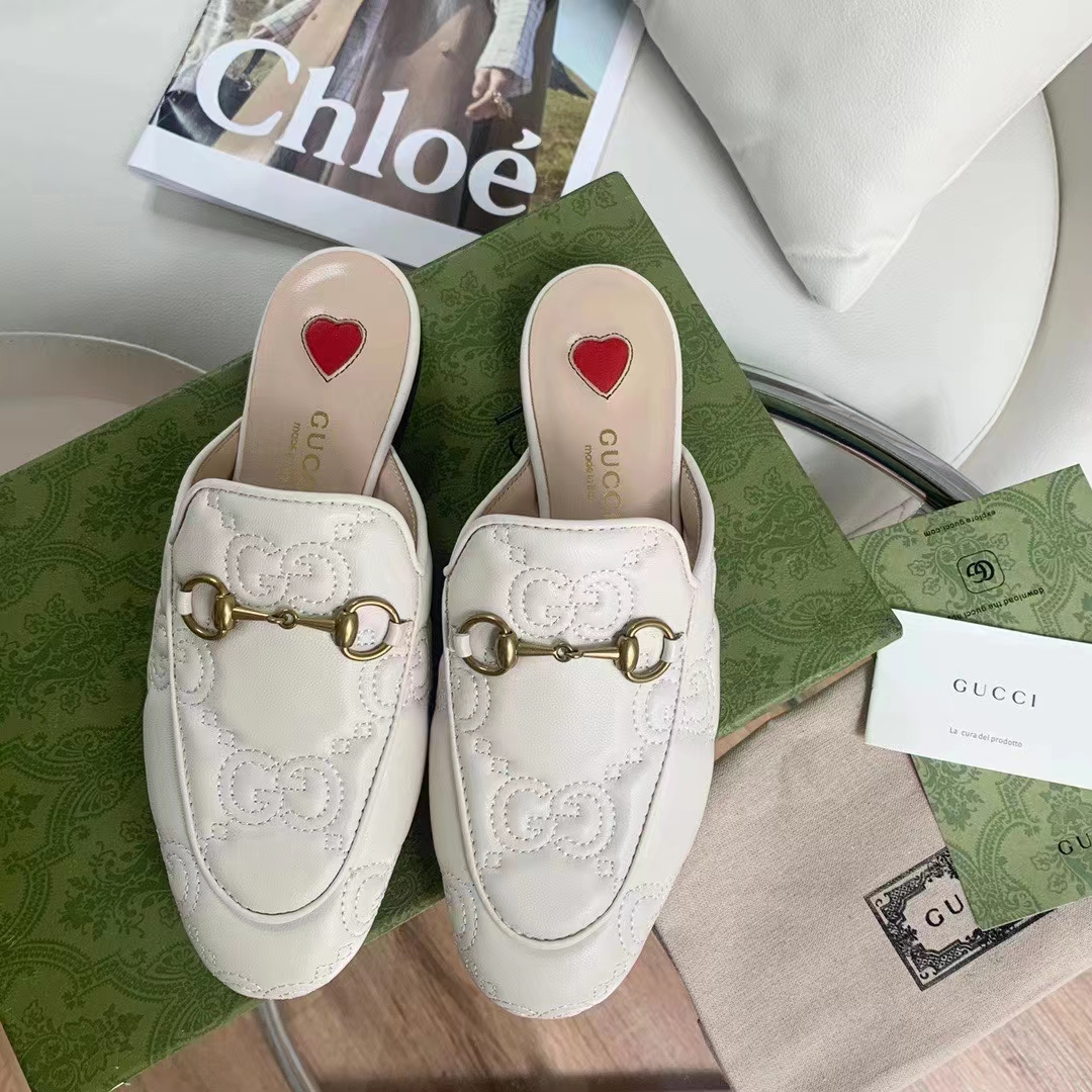 Gucci Women Maxi GG Matelassé Princetown Slipper White Horsebit Leather Sole Flat