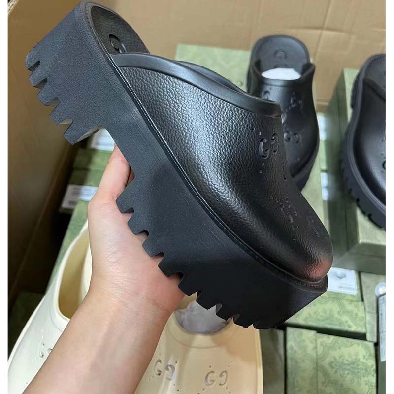 Gucci Women Slip-On Sandal Black Perforated GG Rubber Mid 6 Cm Heel