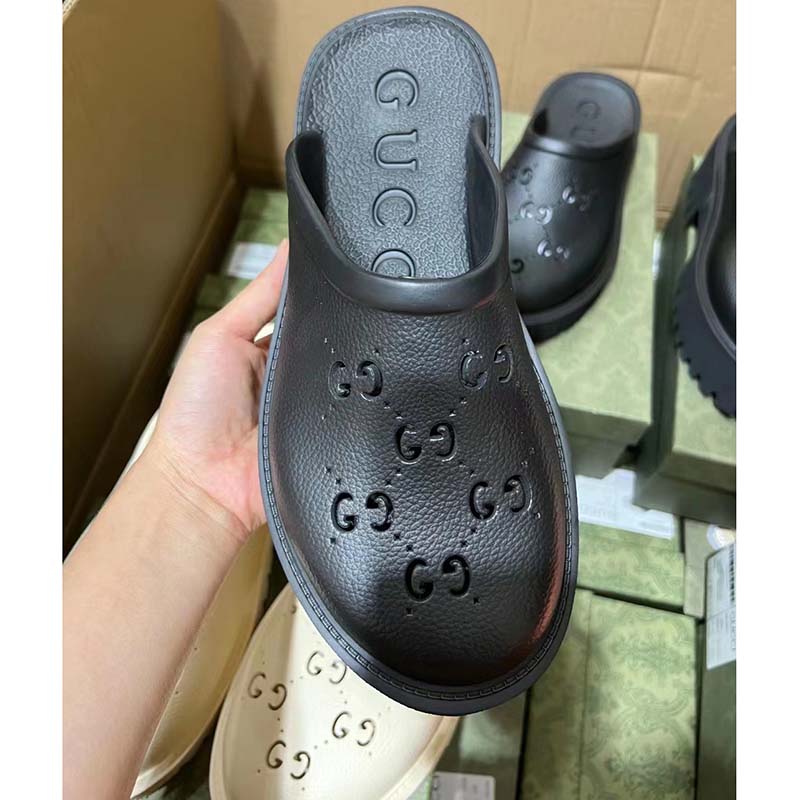 Gucci Women Slip-On Sandal Black Perforated GG Rubber Mid 6 Cm Heel