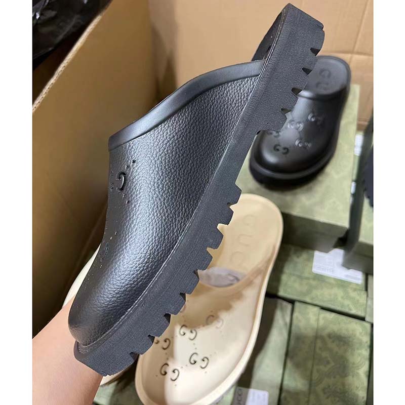 Gucci Women Slip-On Sandal Black Perforated GG Rubber Mid 6 Cm Heel