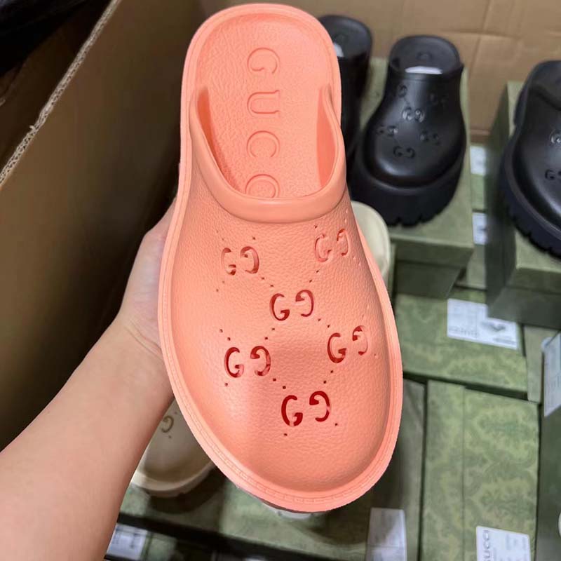Gucci Women Slip-On Sandal Peach Perforated GG Rubber Mid 6 Cm Heel