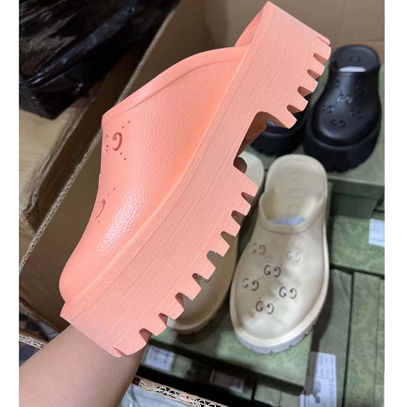 Gucci Women Slip-On Sandal Peach Perforated GG Rubber Mid 6 Cm Heel