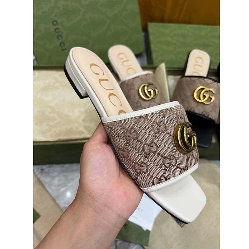 Gucci Women’s GG Matelassé Canvas Slide Sandal Double G Square Toe Leather Flat