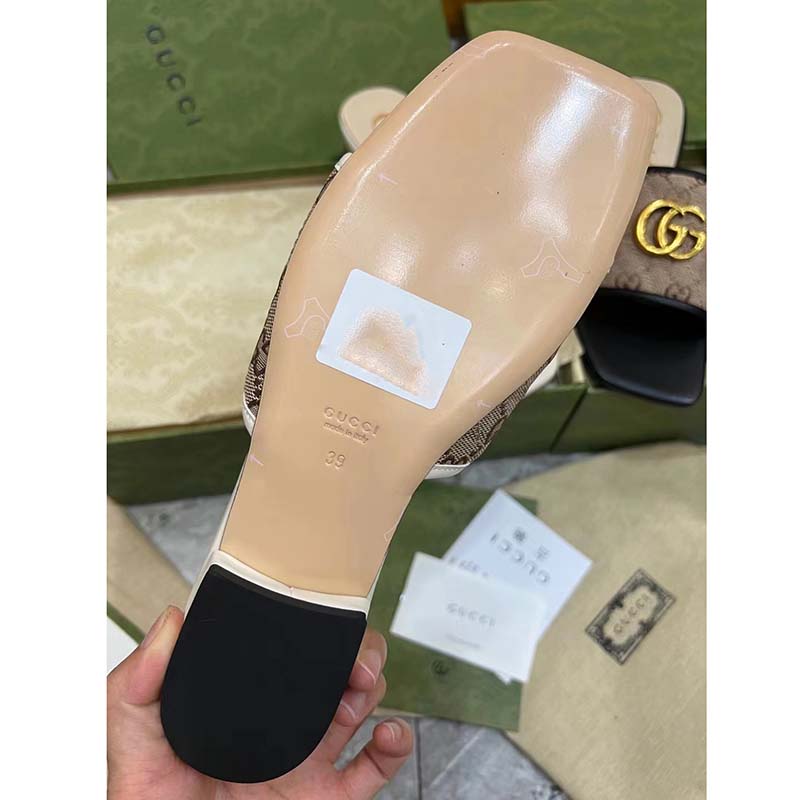 Gucci Women’s GG Matelassé Canvas Slide Sandal Double G Square Toe Leather Flat