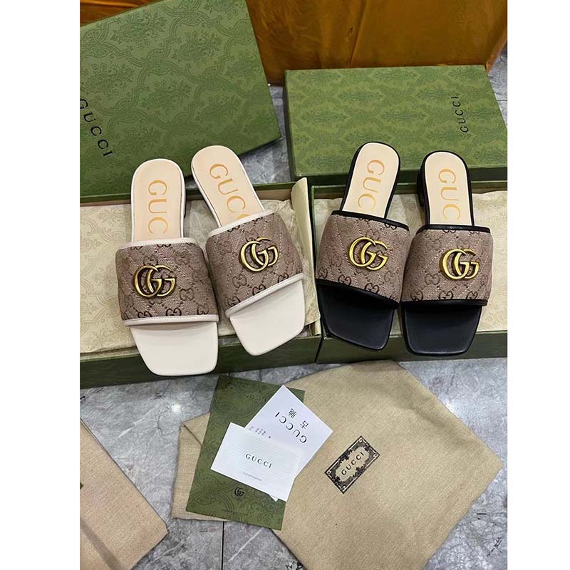 Gucci Women’s GG Matelassé Canvas Slide Sandal Double G Square Toe Leather Flat