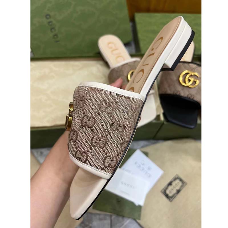 Gucci Women’s GG Matelassé Canvas Slide Sandal Double G Square Toe Leather Flat