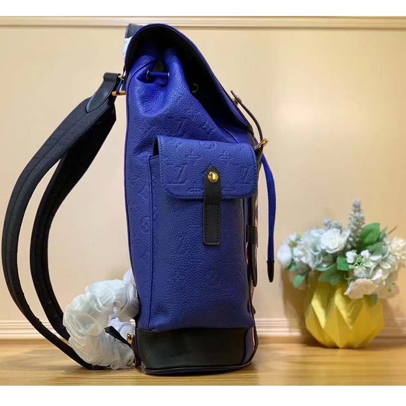 Louis Vuitton LV Unisex Christopher MM Backpack Blue Embossed Taurillon Leather