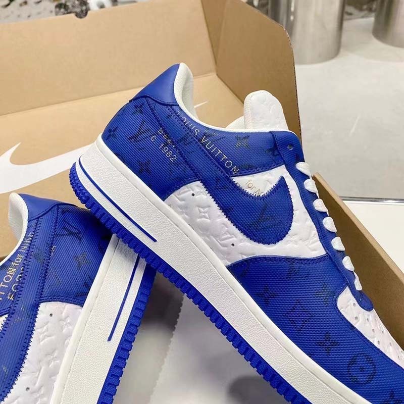 Louis Vuitton LV Unisex Nike Air Force 1 Sneaker Blue Monogram Embossed Calf Leather