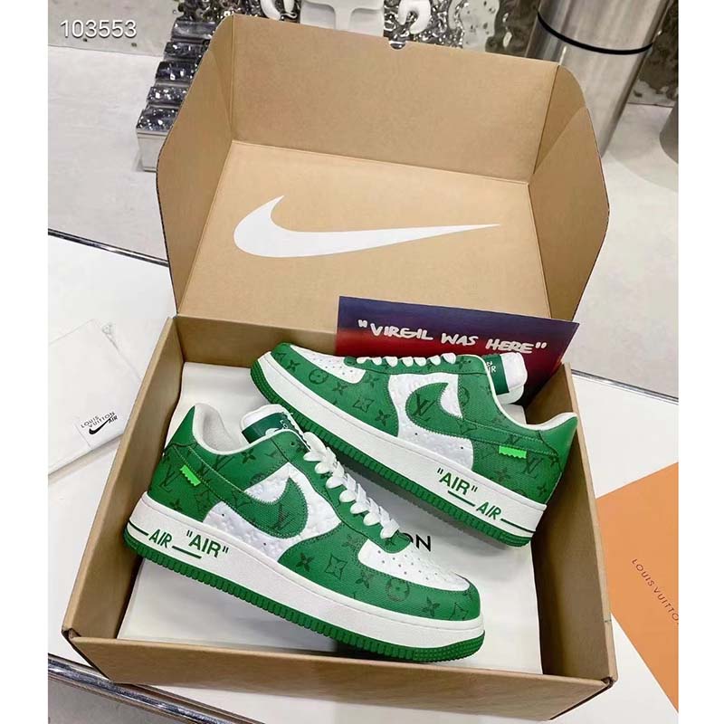 Louis Vuitton LV Unisex Nike Air Force 1 Sneaker Green Monogram Embossed Calf Leather