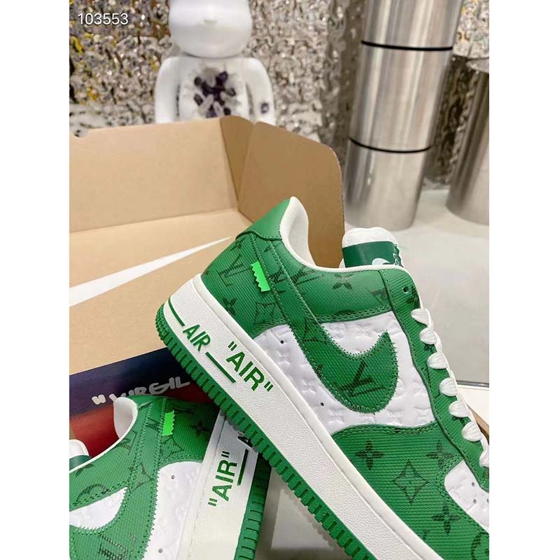 Louis Vuitton LV Unisex Nike Air Force 1 Sneaker Green Monogram Embossed Calf Leather