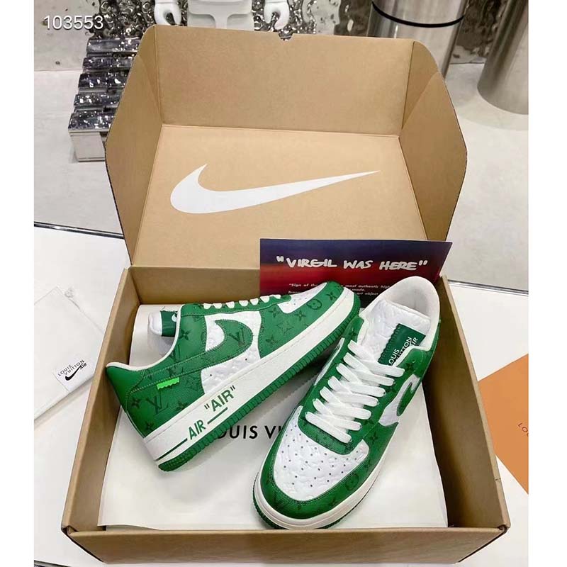 Louis Vuitton LV Unisex Nike Air Force 1 Sneaker Green Monogram Embossed Calf Leather