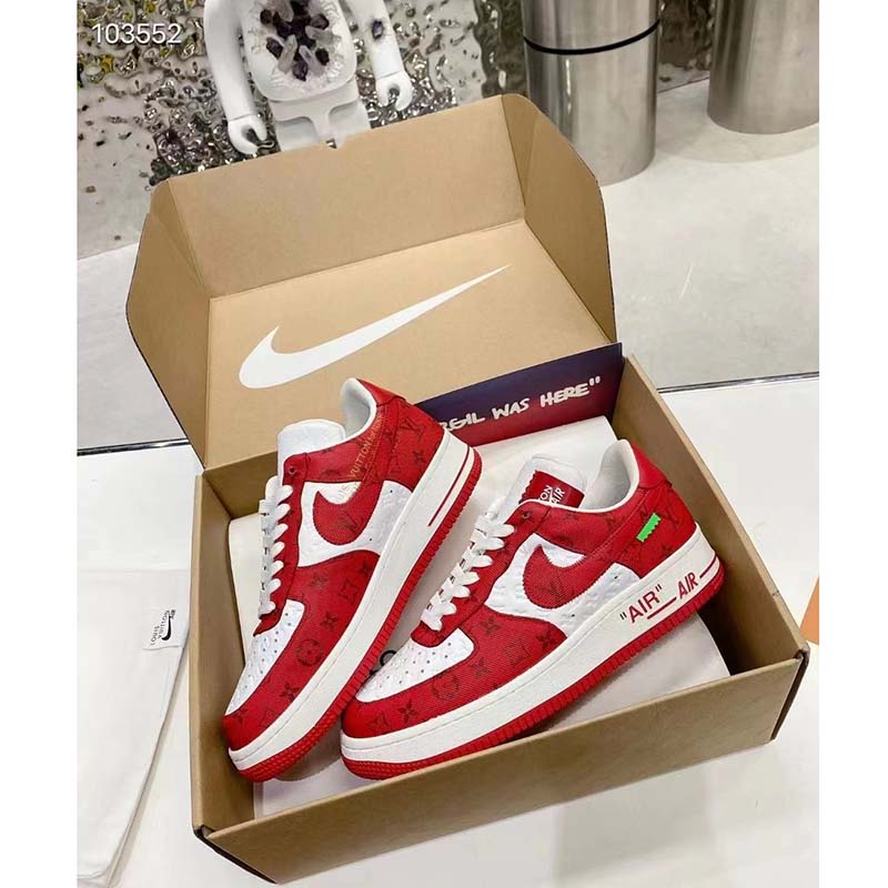 Louis Vuitton LV Unisex Nike Air Force 1 Sneaker Red Monogram Embossed Calf Leather