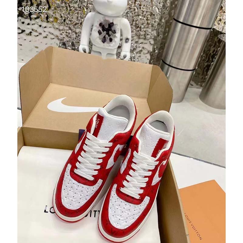 Louis Vuitton LV Unisex Nike Air Force 1 Sneaker Red Monogram Embossed Calf Leather