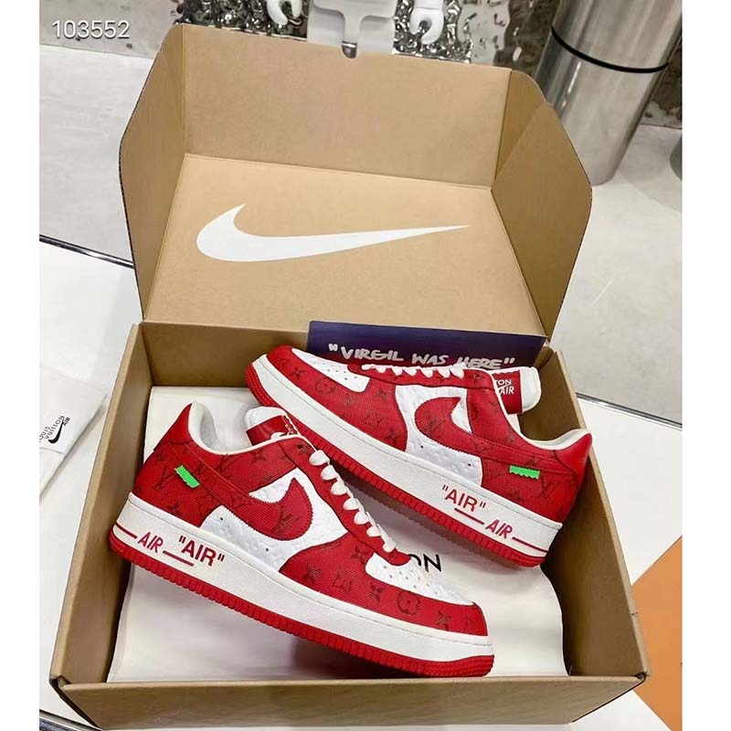 Louis Vuitton LV Unisex Nike Air Force 1 Sneaker Red Monogram Embossed Calf Leather