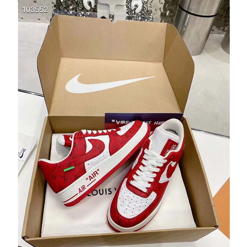 Louis Vuitton LV Unisex Nike Air Force 1 Sneaker Red Monogram Embossed Calf Leather