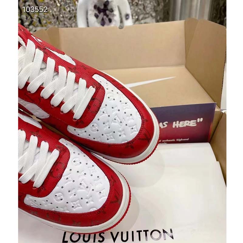 Louis Vuitton LV Unisex Nike Air Force 1 Sneaker Red Monogram Embossed Calf Leather