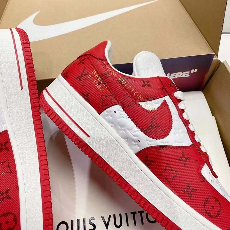 Louis Vuitton LV Unisex Nike Air Force 1 Sneaker Red Monogram Embossed Calf Leather