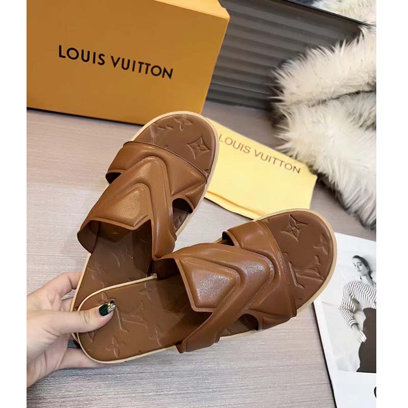 Louis Vuitton LV Unisex Oasis Mule Moka Brown Grained Calf Leather Rubber Signature