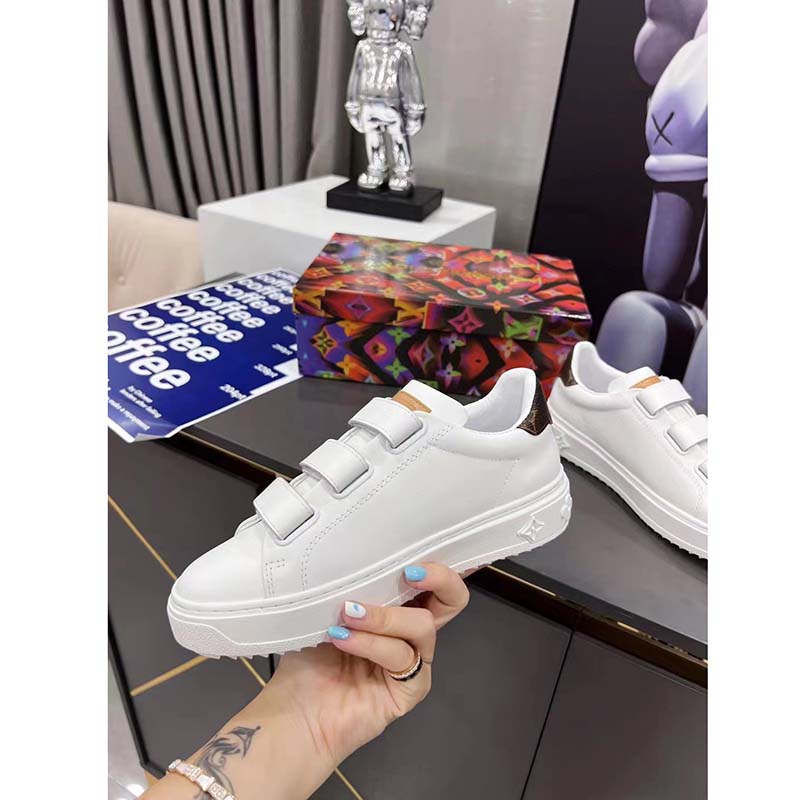 Louis Vuitton LV Unisex Time Out Sneaker White Calf Leather Monogram Canvas