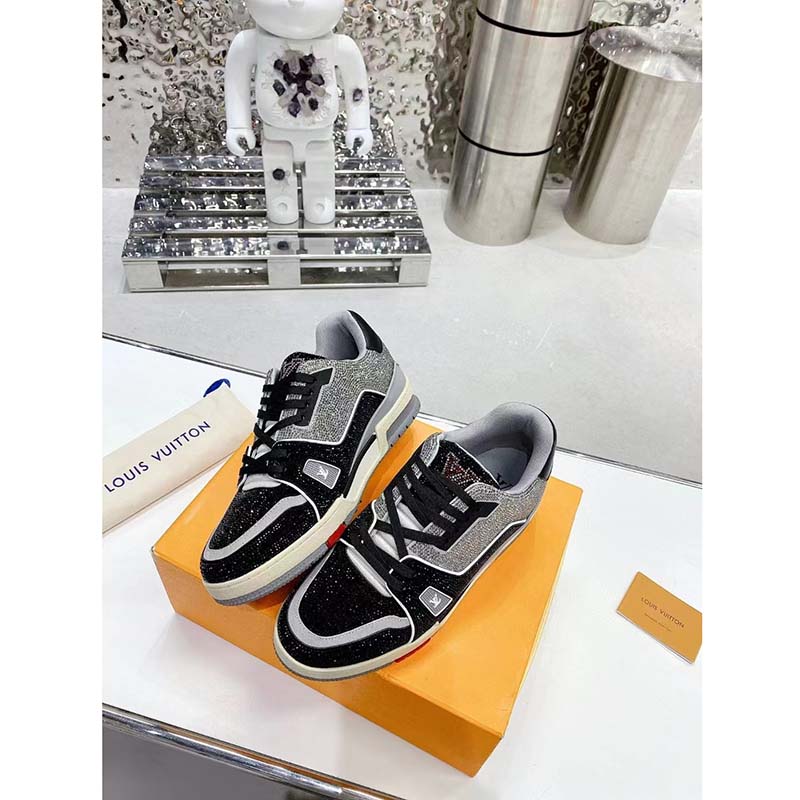 Louis Vuitton LV Unisex Trainer Sneaker Black Strass Rubber Outsole 54 Initials Signature
