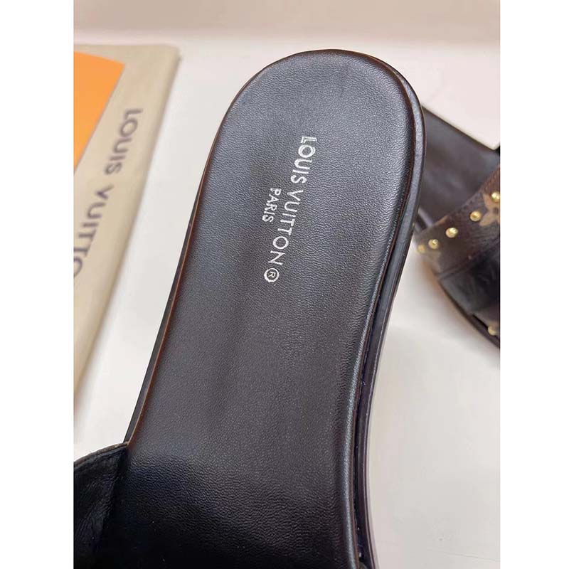 Louis Vuitton LV Women Lock It Flat Mule Black Patent Monogram Canvas