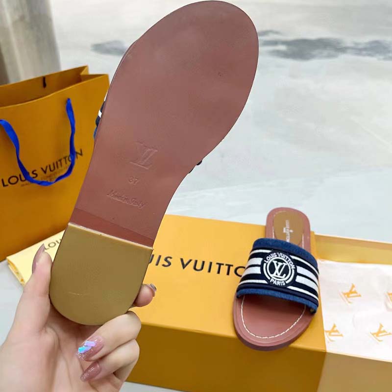 Louis Vuitton LV Women Lock It Flat Mule Blue Denim Leather LV Circle