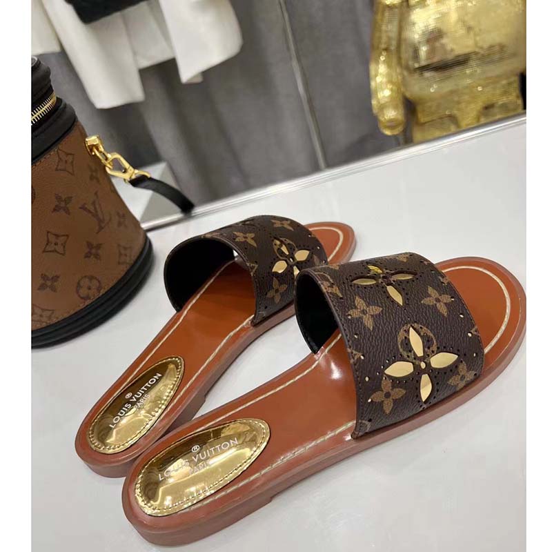 Louis Vuitton LV Women Lock It Flat Mule Gold Perforated Monogram Canvas