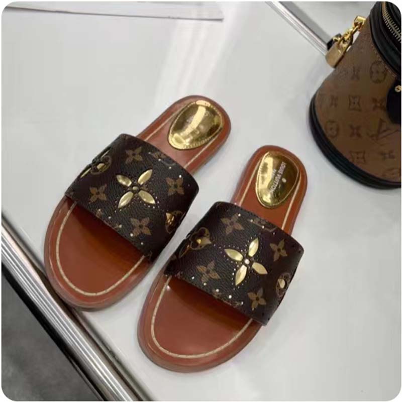 Louis Vuitton LV Women Lock It Flat Mule Gold Perforated Monogram Canvas