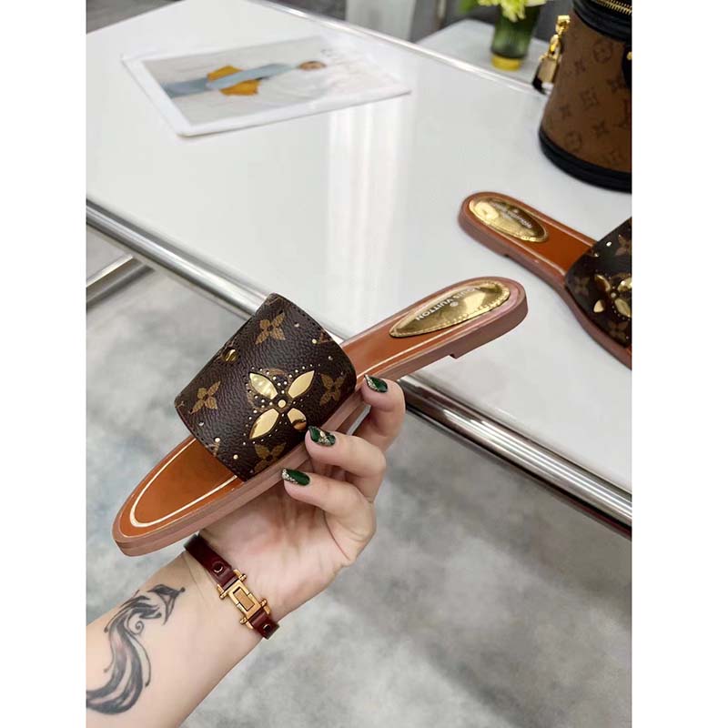 Louis Vuitton LV Women Lock It Flat Mule Gold Perforated Monogram Canvas