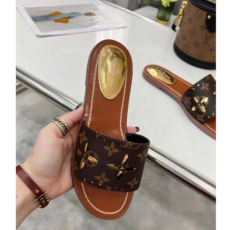Louis Vuitton LV Women Lock It Flat Mule Gold Perforated Monogram Canvas