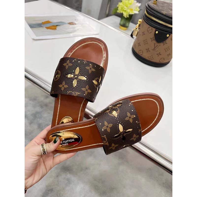 Louis Vuitton LV Women Lock It Flat Mule Gold Perforated Monogram Canvas