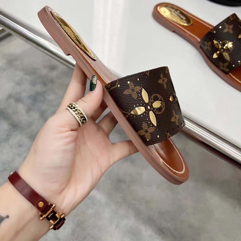 Louis Vuitton LV Women Lock It Flat Mule Gold Perforated Monogram Canvas