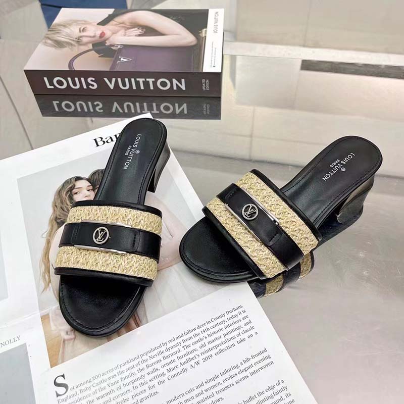 Louis Vuitton LV Women Lock It Mule Black Raffia Calf Leather Circle 3.5 cm Heel