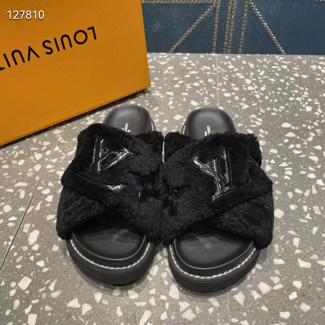 Louis Vuitton LV Women Paseo Flat Comfort Mule Black Shearling Anatomic Insole
