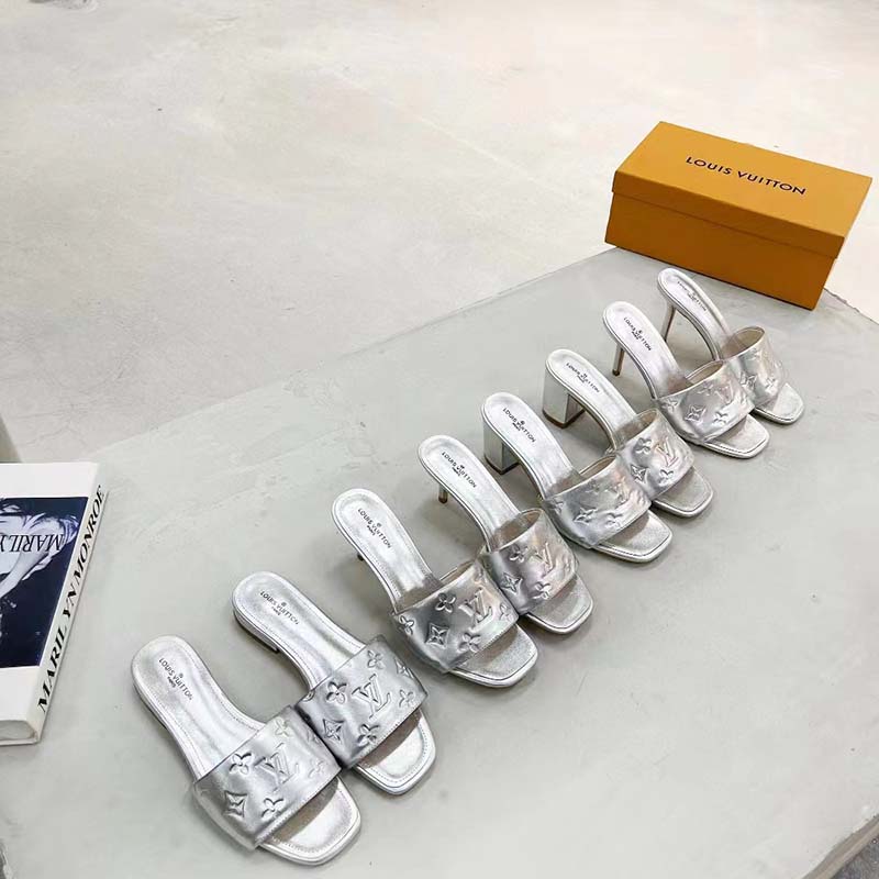 Louis Vuitton LV Women Revival Mule Silver Monogram Embossed Metallic Lambskin