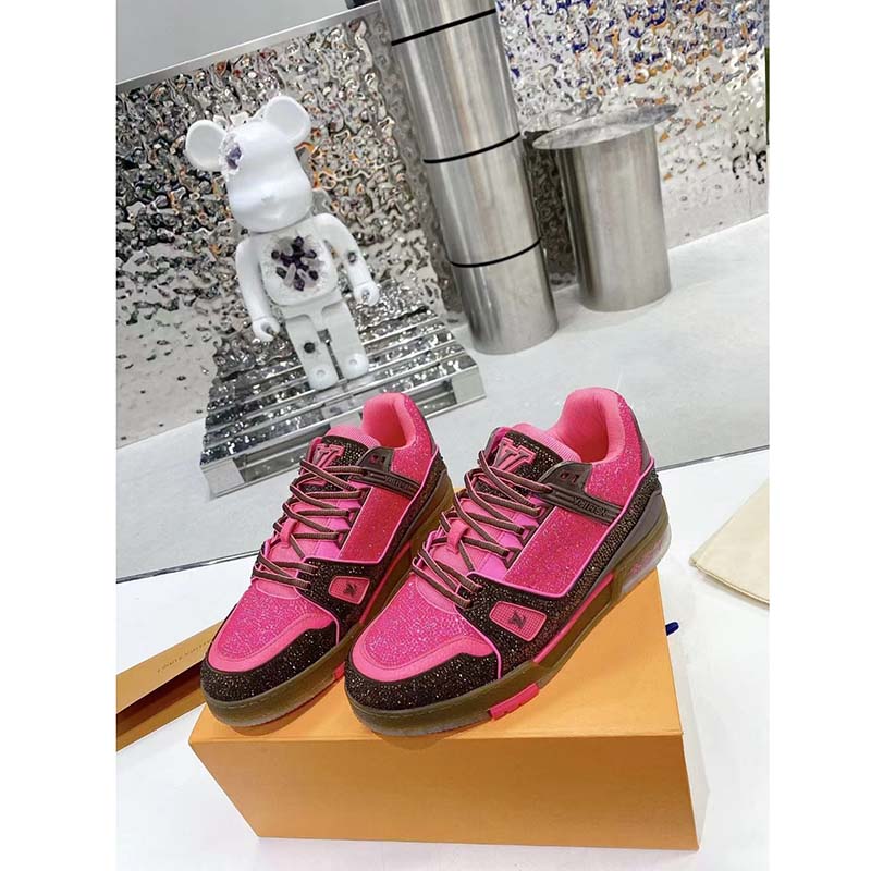 Louis Vuitton LV Unisex Trainer Sneaker Pink Strass Rubber Initials Monogram Flowers