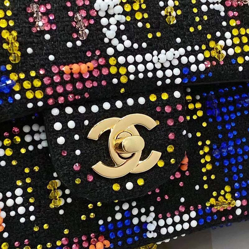 Chanel Women CC Classic Handbag Embroidered Tweed Glass Beads Strass Metal Black Multicolor