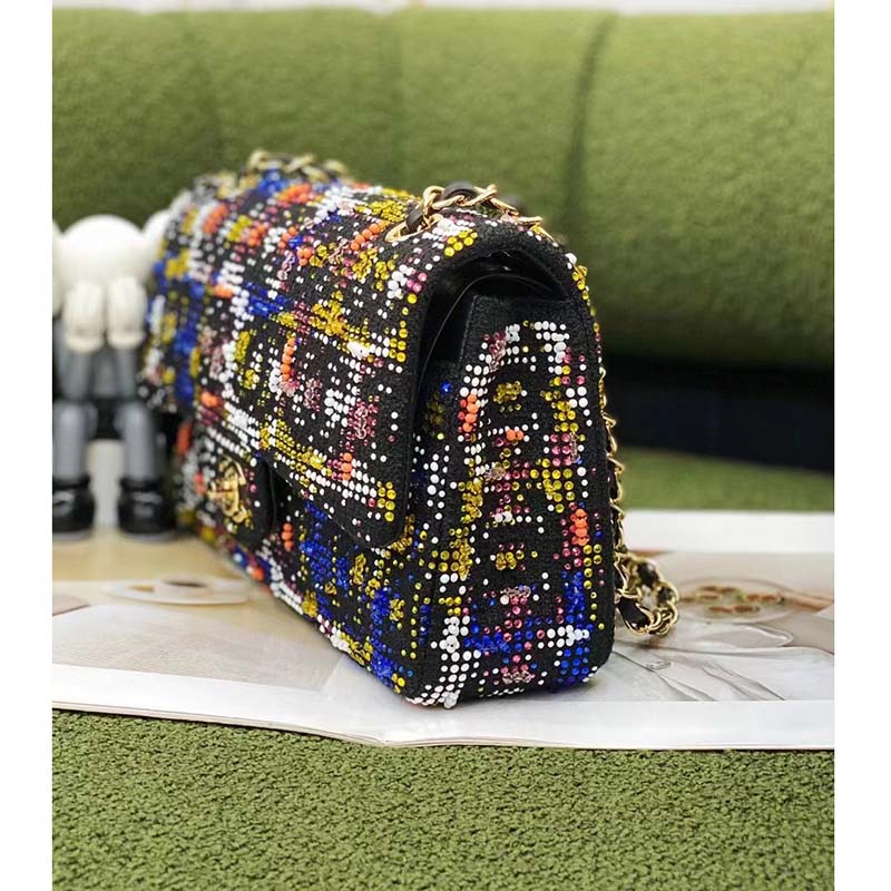 Chanel Women CC Classic Handbag Embroidered Tweed Glass Beads Strass Metal Black Multicolor