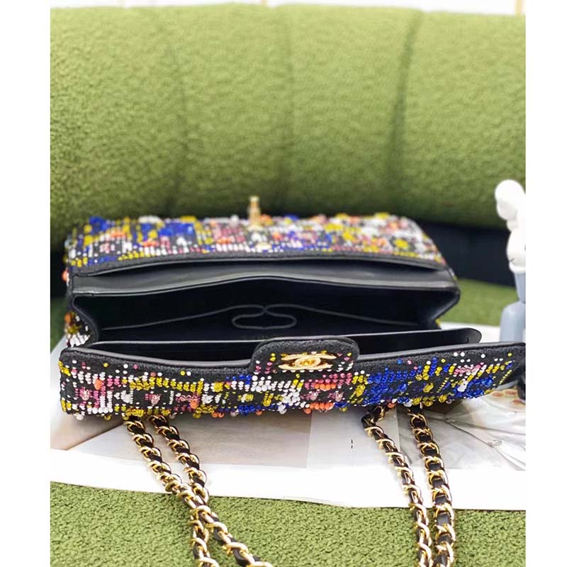 Chanel Women CC Classic Handbag Embroidered Tweed Glass Beads Strass Metal Black Multicolor