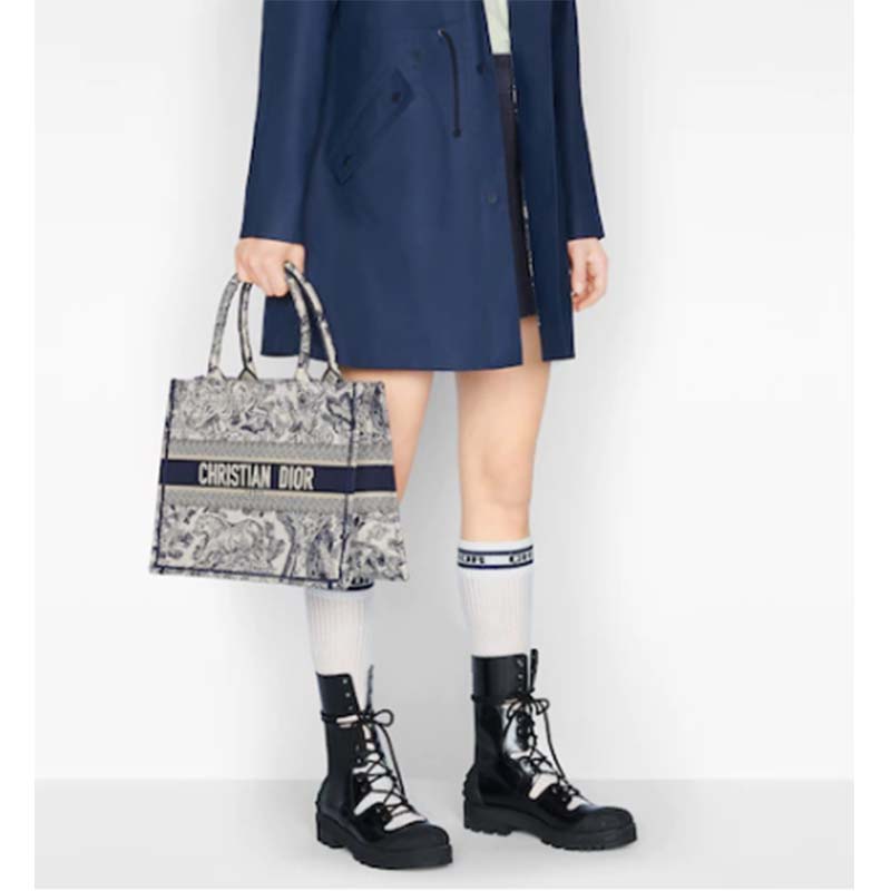 Dior Unisex CD Medium Book Tote Navy Blue Toile De Jouy Embroidery