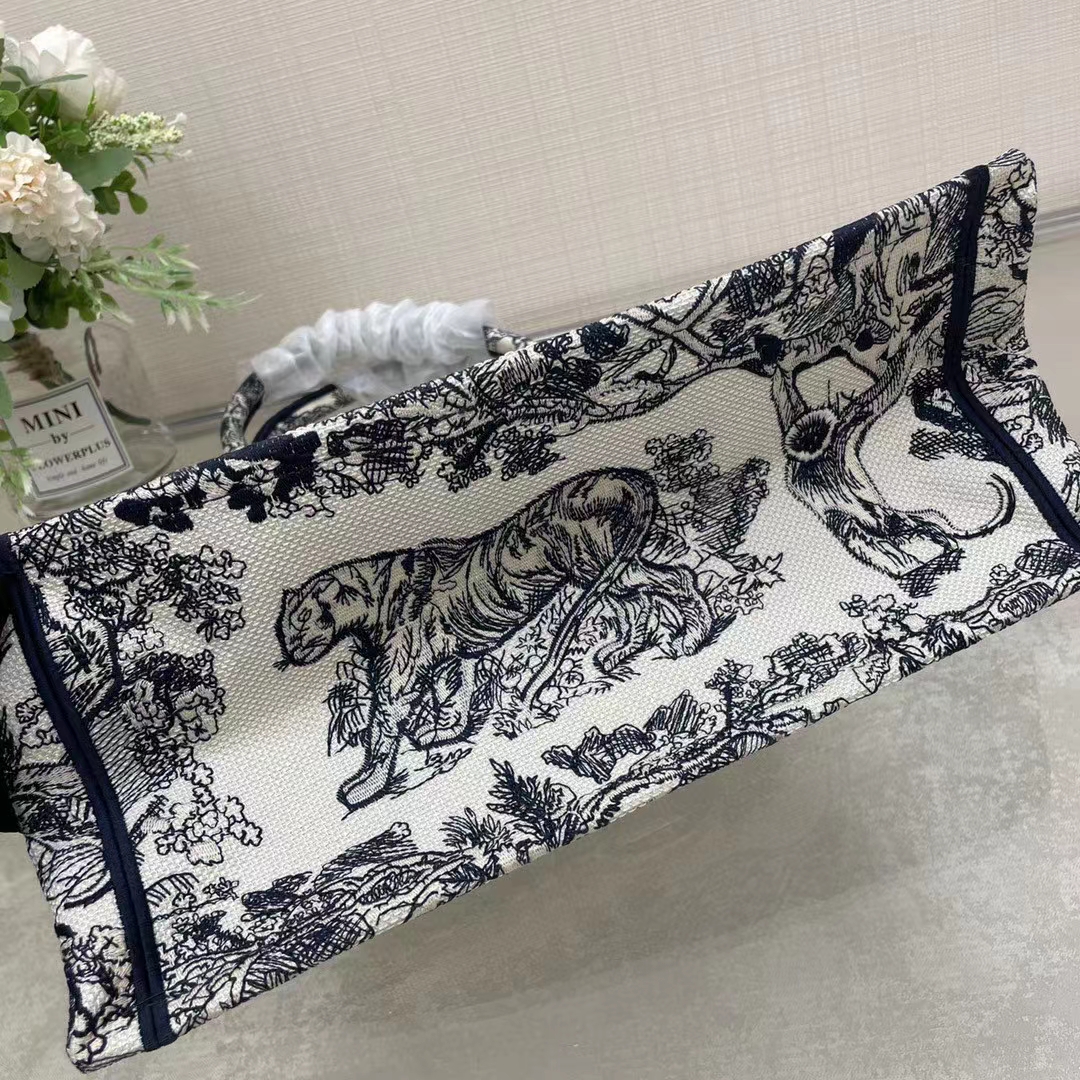 Dior Unisex CD Medium Book Tote Navy Blue Toile De Jouy Embroidery