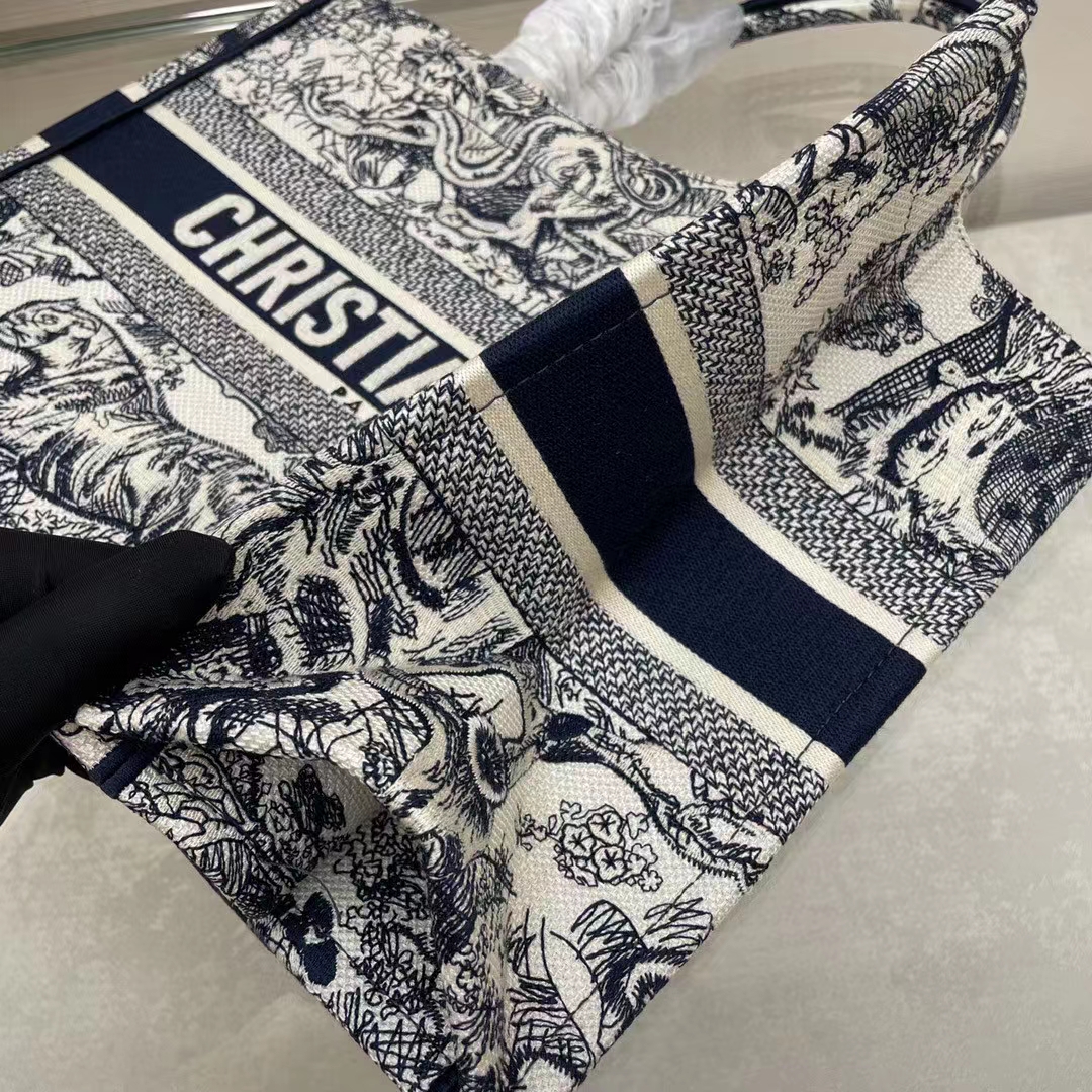 Dior Unisex CD Medium Book Tote Navy Blue Toile De Jouy Embroidery