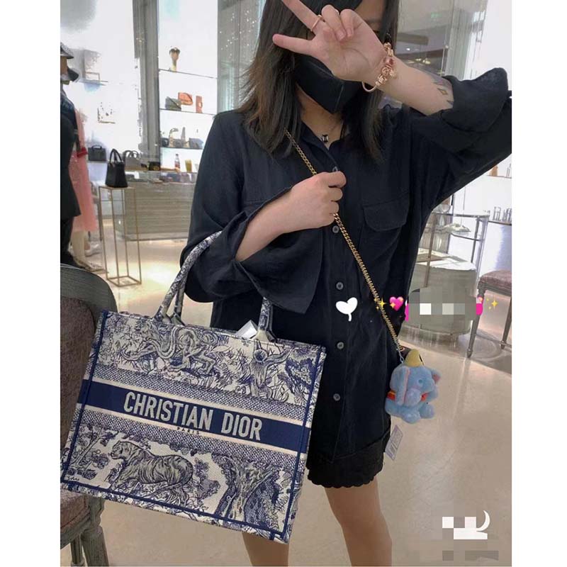 Dior Unisex CD Medium Book Tote Navy Blue Toile De Jouy Embroidery