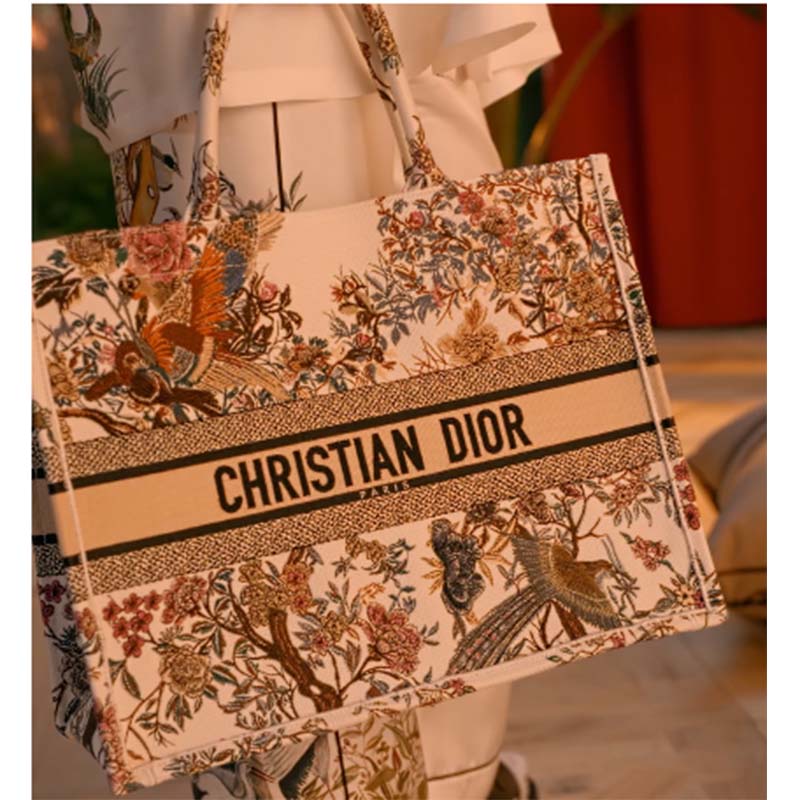 Dior Women CD Large Book Tote Ecru Multicolor Jardin D’Hiver Embroidery