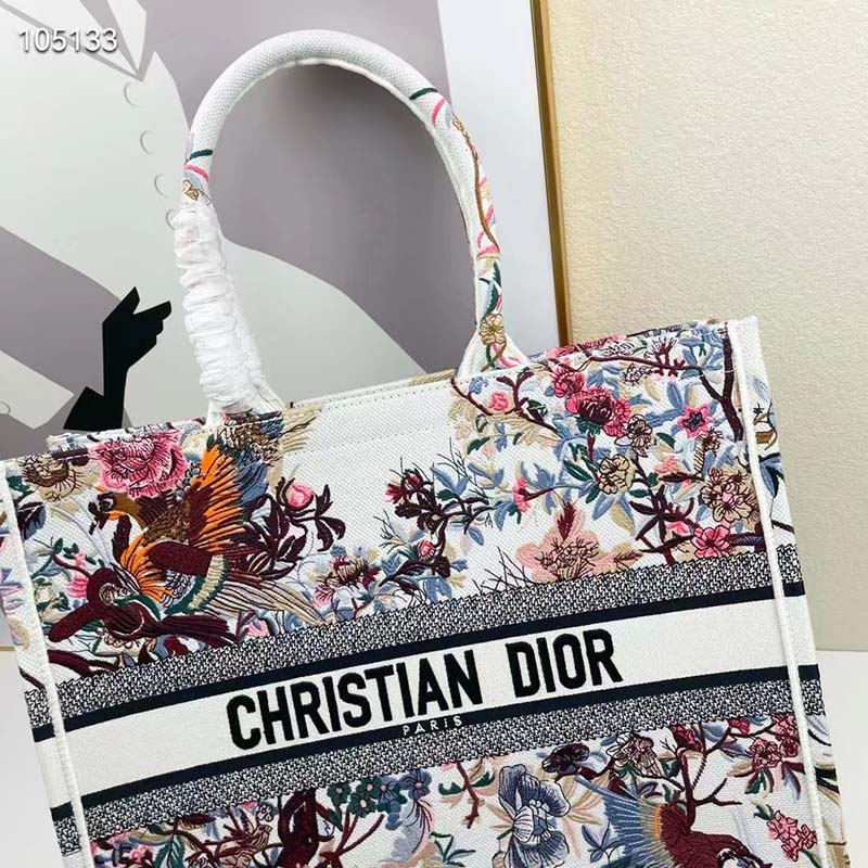 Dior Women CD Large Book Tote Ecru Multicolor Jardin D’Hiver Embroidery