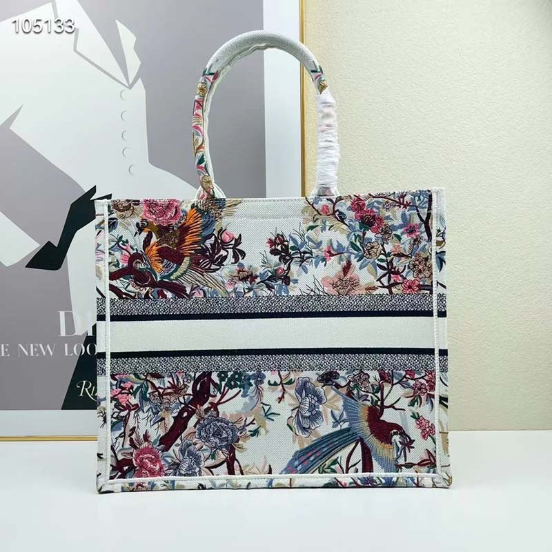 Dior Women CD Large Book Tote Ecru Multicolor Jardin D’Hiver Embroidery