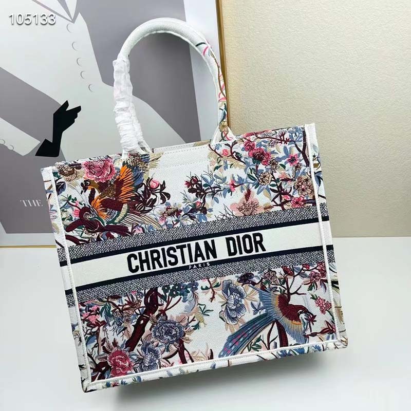 Dior Women CD Large Book Tote Ecru Multicolor Jardin D’Hiver Embroidery